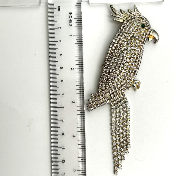 Rhinestone Parrot Cockatoo Brooch Bird Pin Statement Tassel Tail 5in - Picture 3 of 10